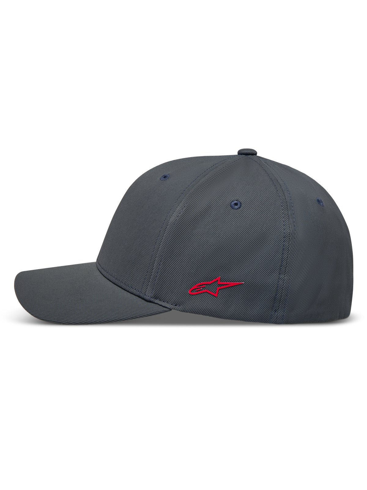 Alpinestars Points hoed, donkergrijze sportpet met rood Astars-logo op de zijkant, nylon tactel materiaal en flex-back ontwerp.