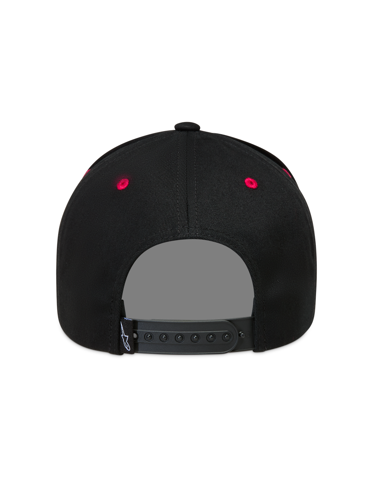 Alpinestars Retro Snapback, casquette sportswear noire et rouge, vue de dos avec attache snapback et œillets rouges.