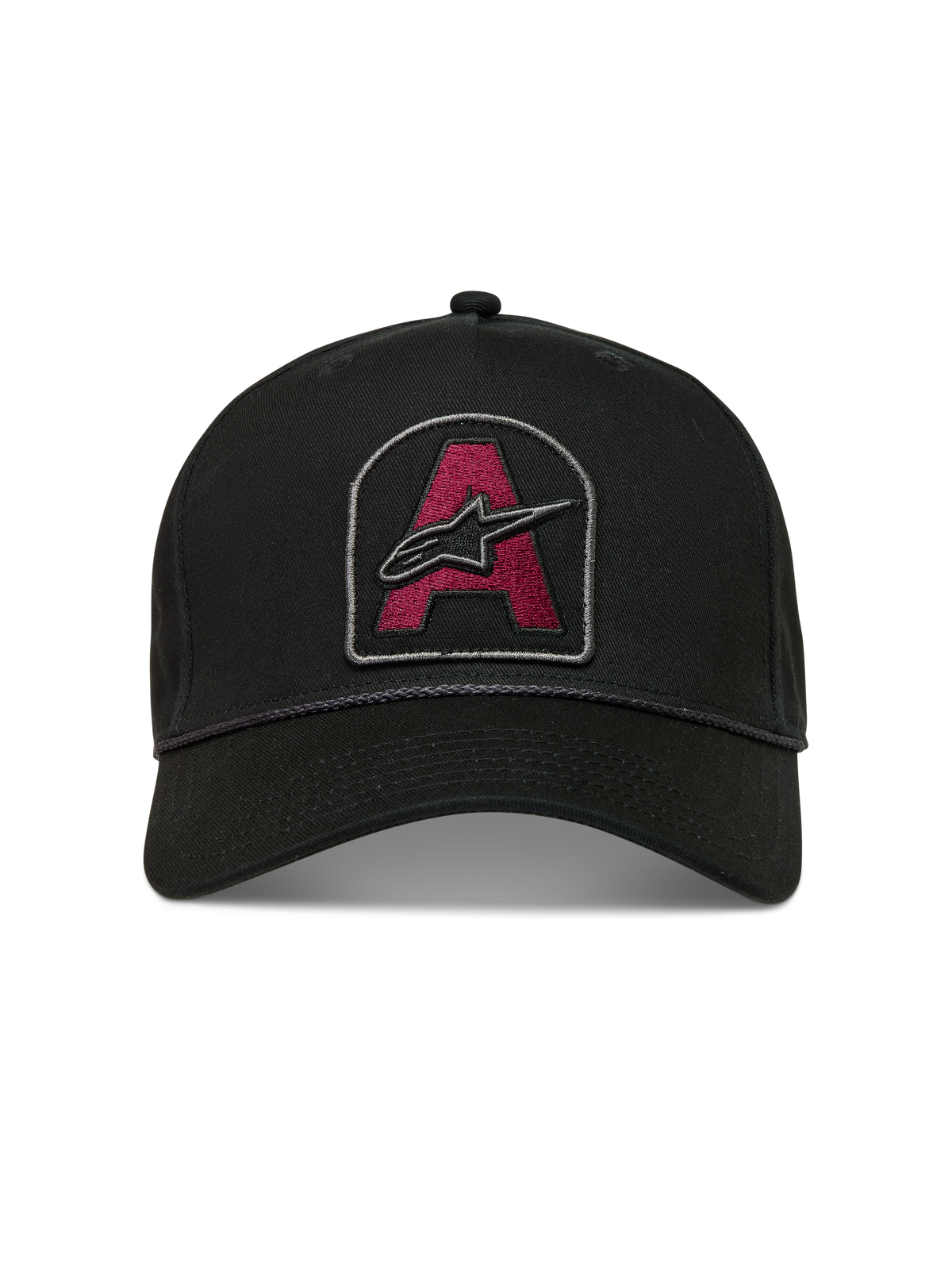 Alpinestars Acme Snapback, casquette noire, écusson Astars rouge foncé, visière courbée et bordure en corde