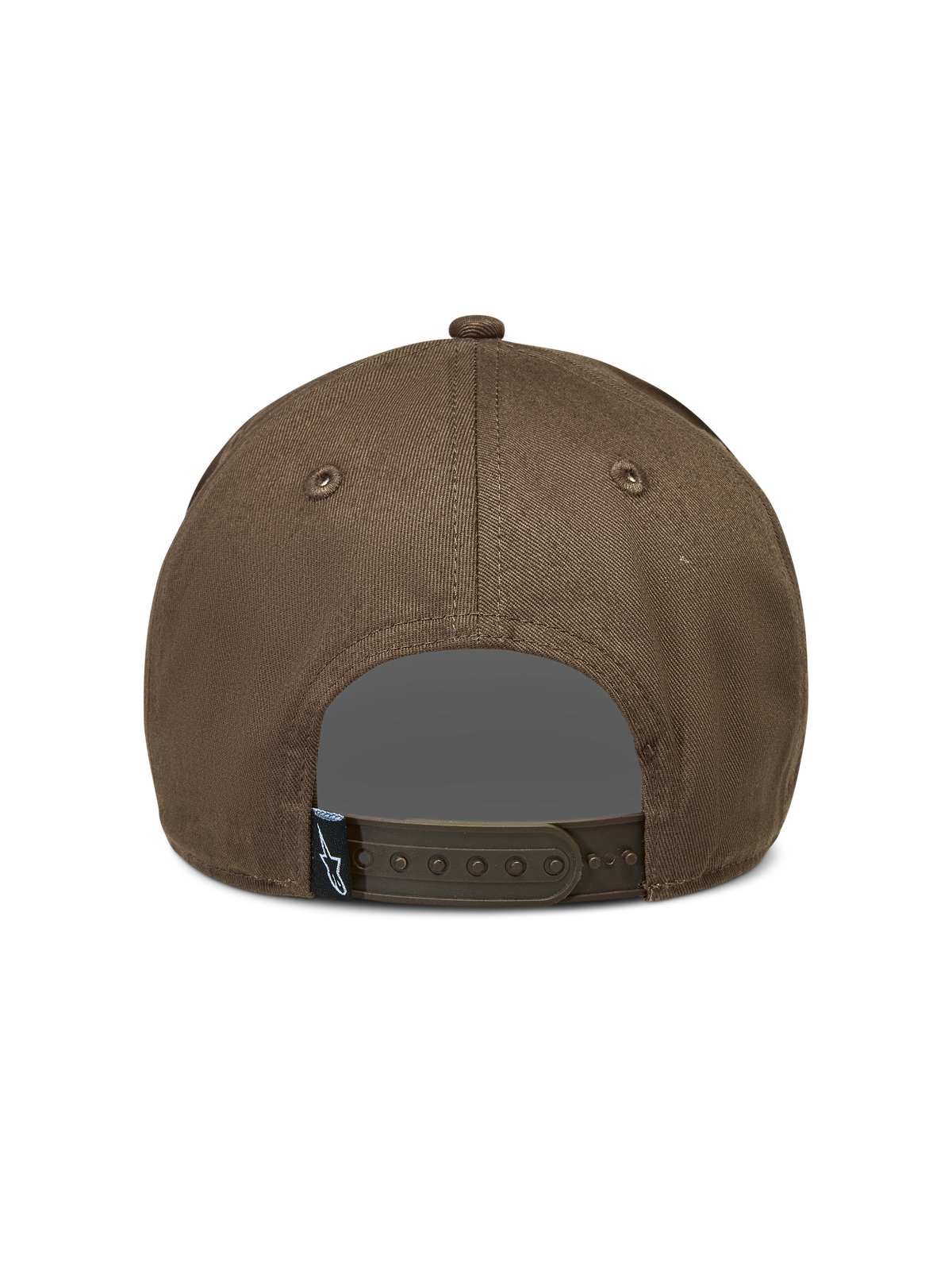 Alpinestars Acme Snapback, casquette de sportswear marron en sergé, vue de dos avec fermeture à pression et étiquette logo.