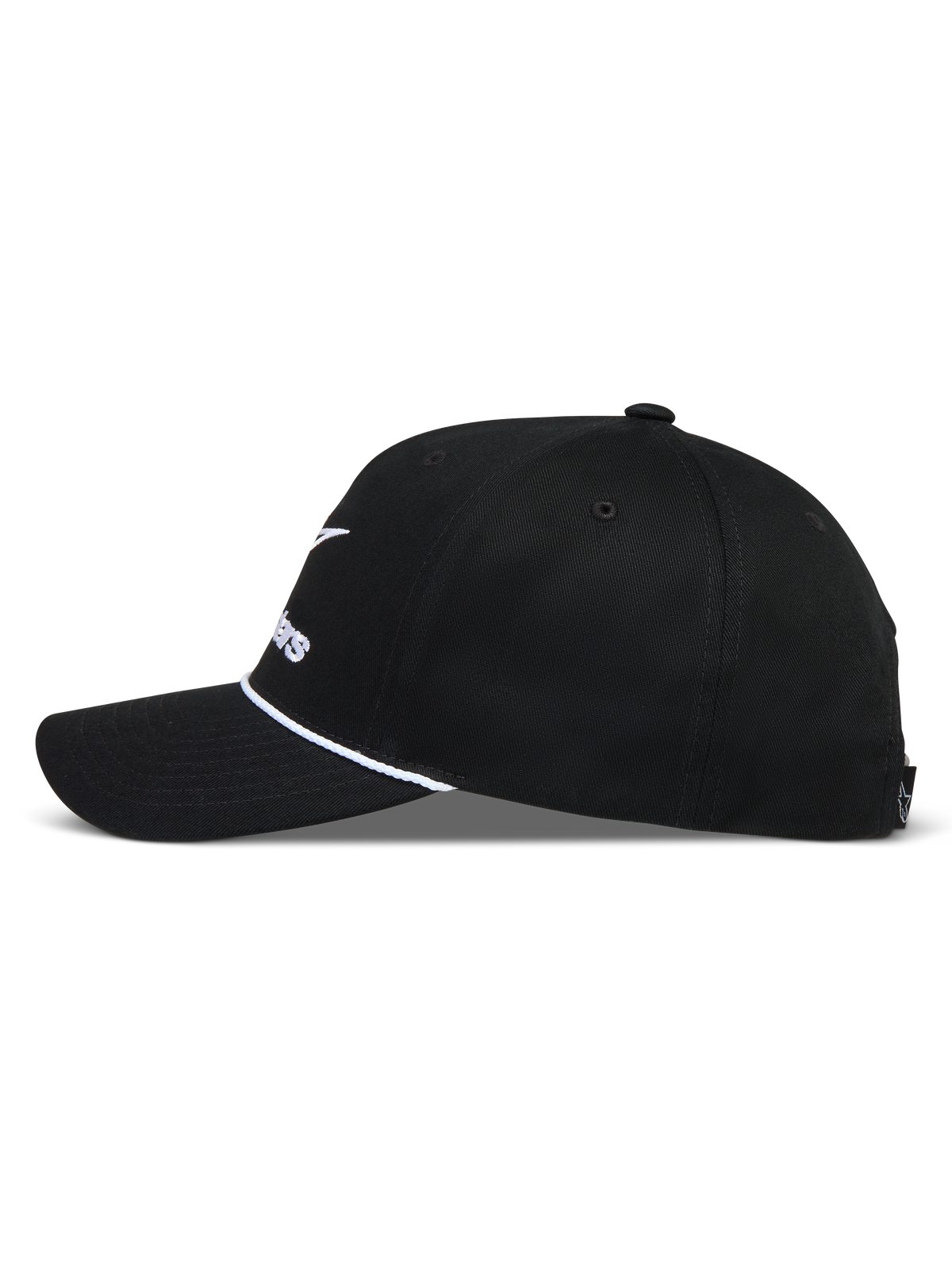 Alpinestars Combo Logo Snapback hoed, zwarte pet met gebogen klep, wit koorddetail en gestructureerde kroon.
