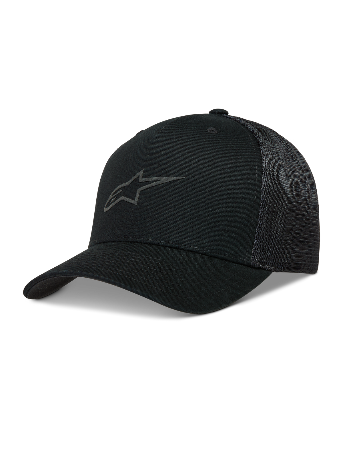Alpinestars Augment Trucker, casquette Trucker noire, visière incurvée, maille diamant et logo Astars en impression gonflée.