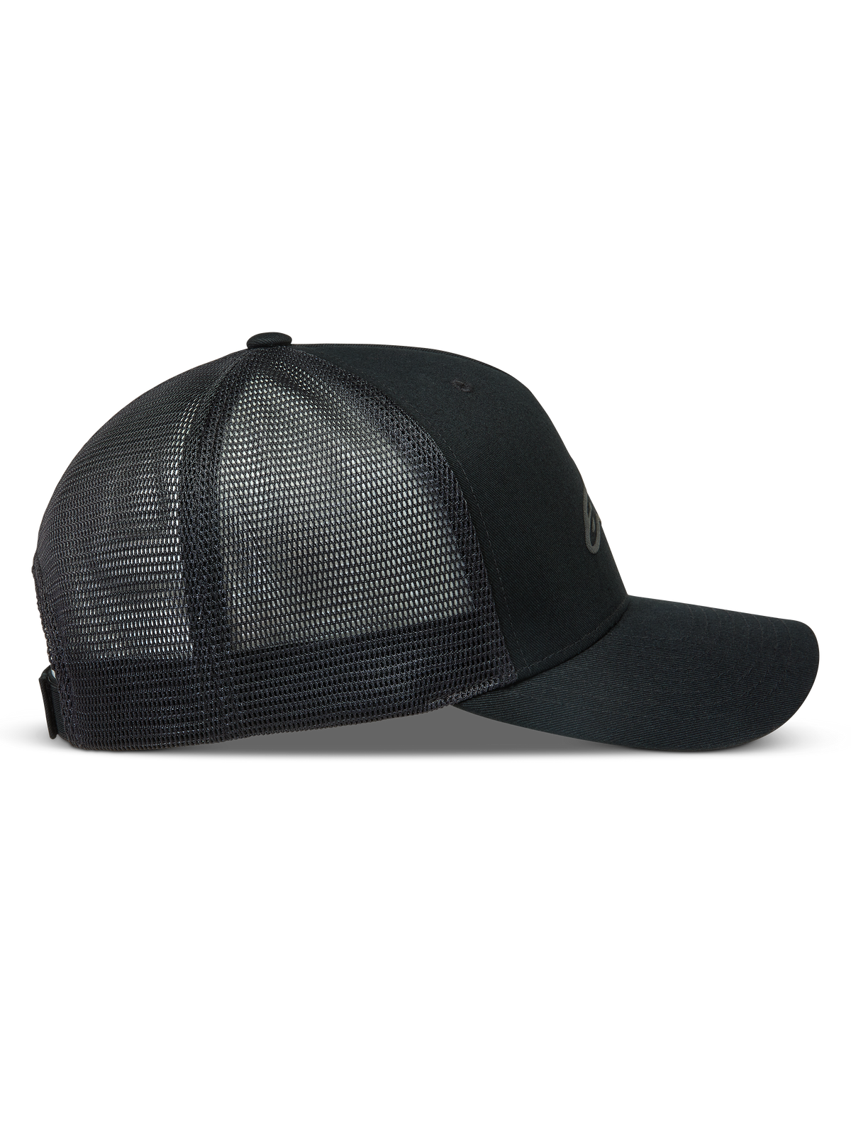 Alpinestars Augment Trucker, casquette de sportswear noire, vue de profil avec visière incurvée et maille diamant.