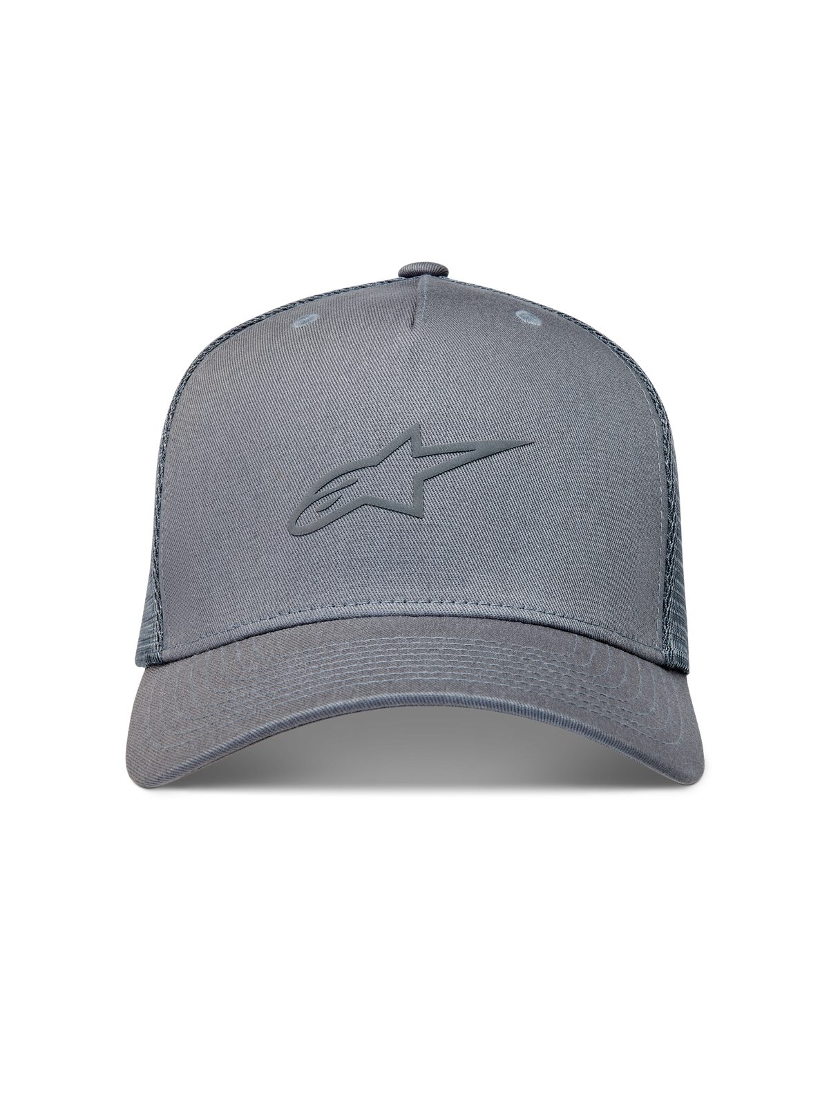 Alpinestars Augment Trucker, casquette sportswear grise avec logo gonflé texturé, visière incurvée et arrière en maille diamant.
