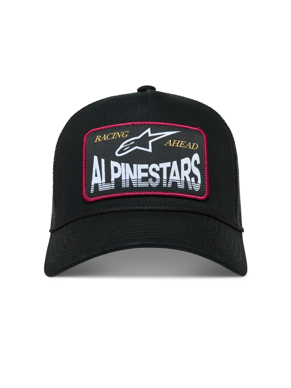 Alpinestars Hemmings, casquette trucker noire de sportswear avec écusson blanc, détails rouges et maille respirante.