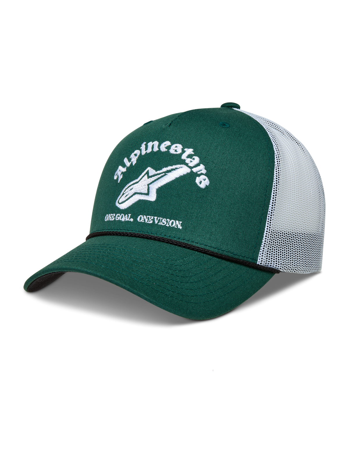 Alpinestars Baron Trucker, casquette trucker verte et blanche avec visière courbée, maille à l'arrière et logo brodé.