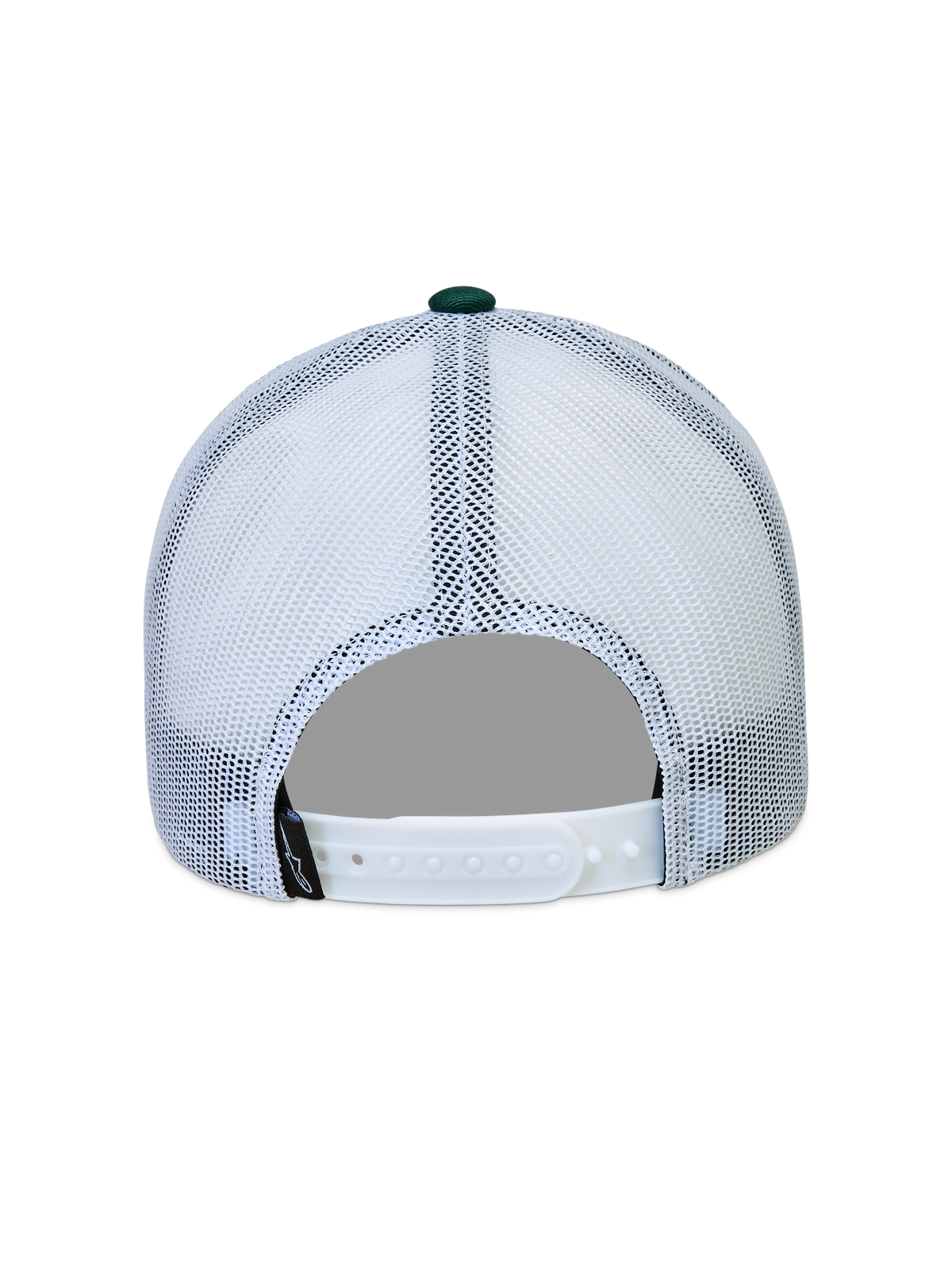 Alpinestars Baron Trucker, casquette sportswear blanche et verte, vue de dos avec panneaux en maille et fermeture snapback réglable.