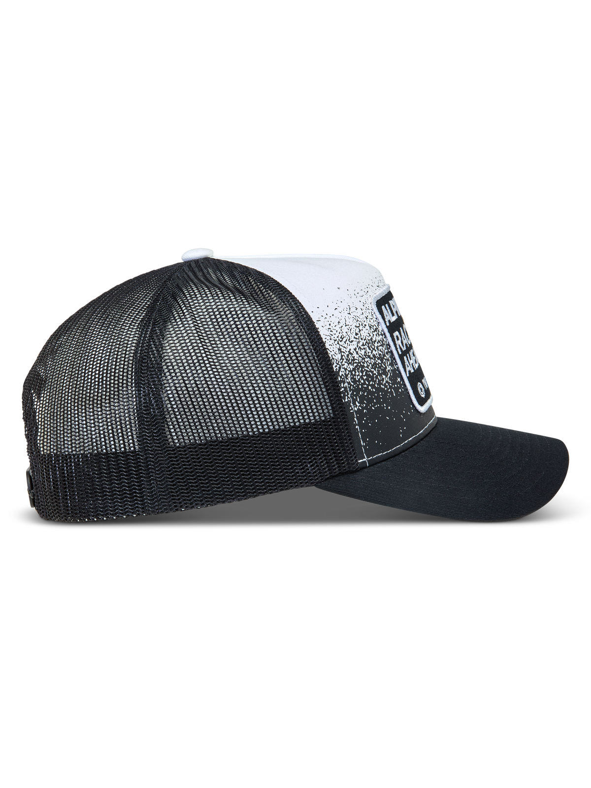 Alpinestars Gravel Trucker, casquette trucker noire et blanche, arrière en maille et imprimé gravier.