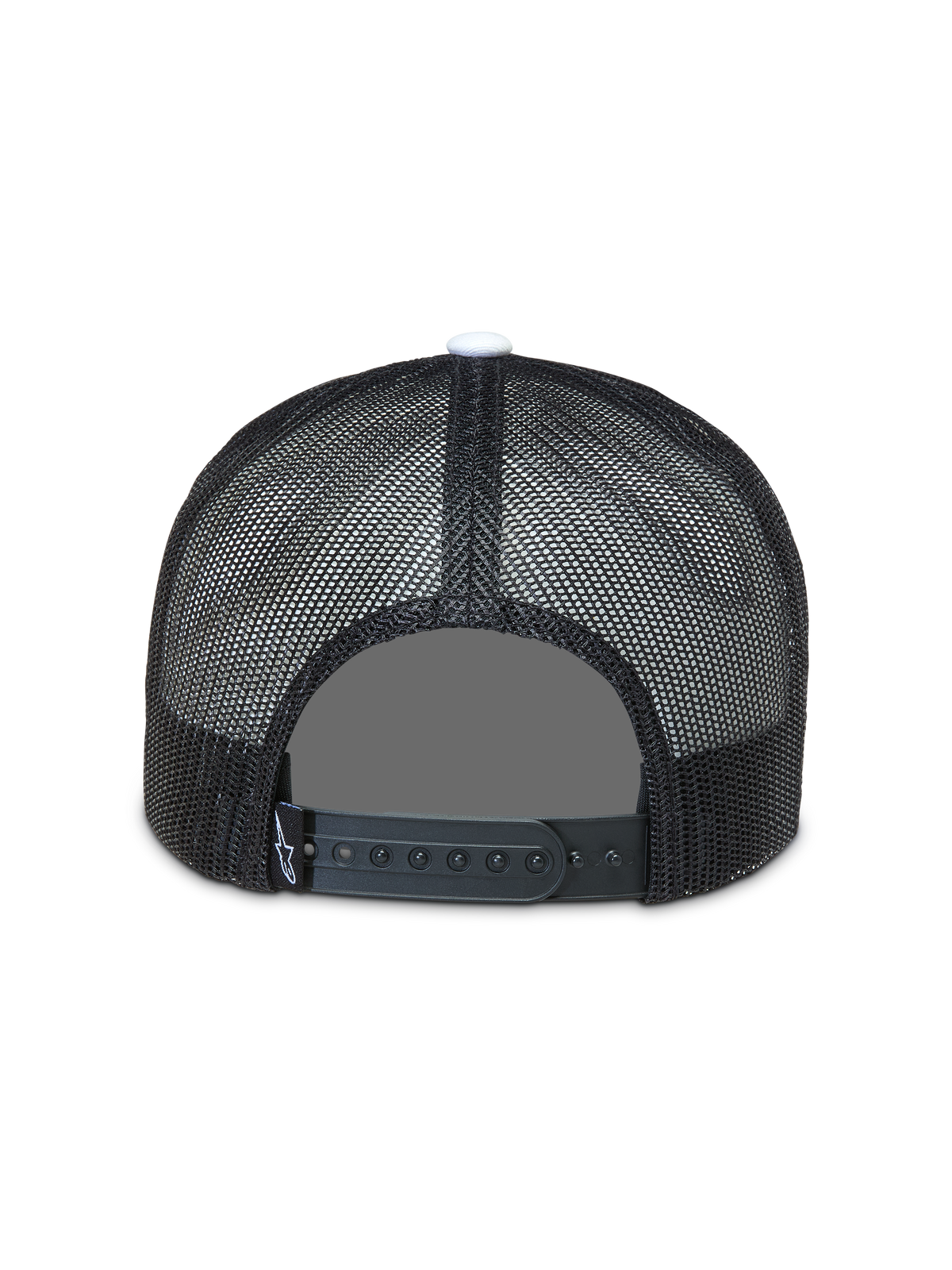 Alpinestars Gravel Trucker, casquette trucker noire, vue de dos avec maille respirante et fermeture à pression réglable