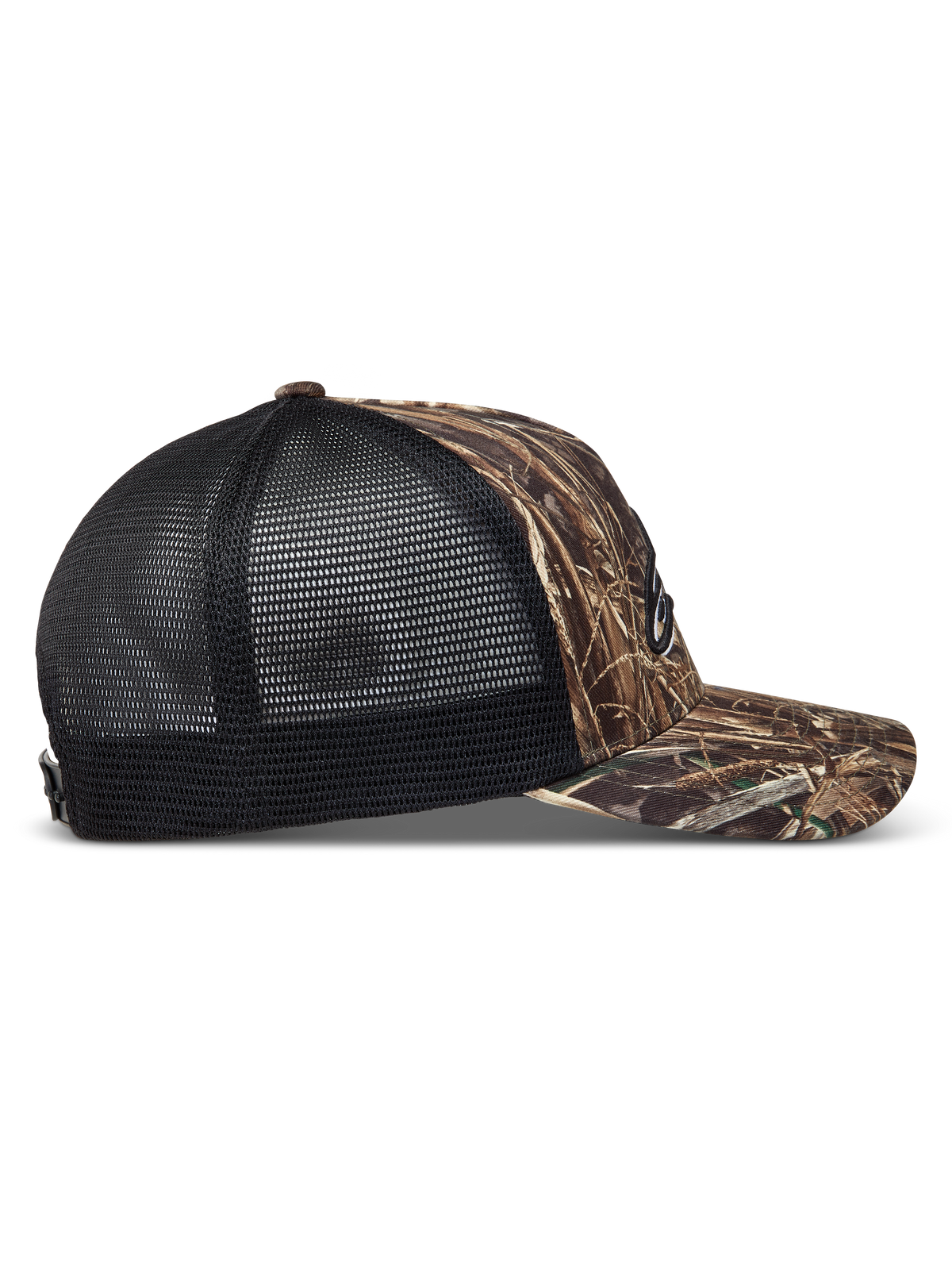 Alpinestars Thicket Realtree, casquette trucker camouflage et noire avec visière courbée et maille respirante, vue de profil.