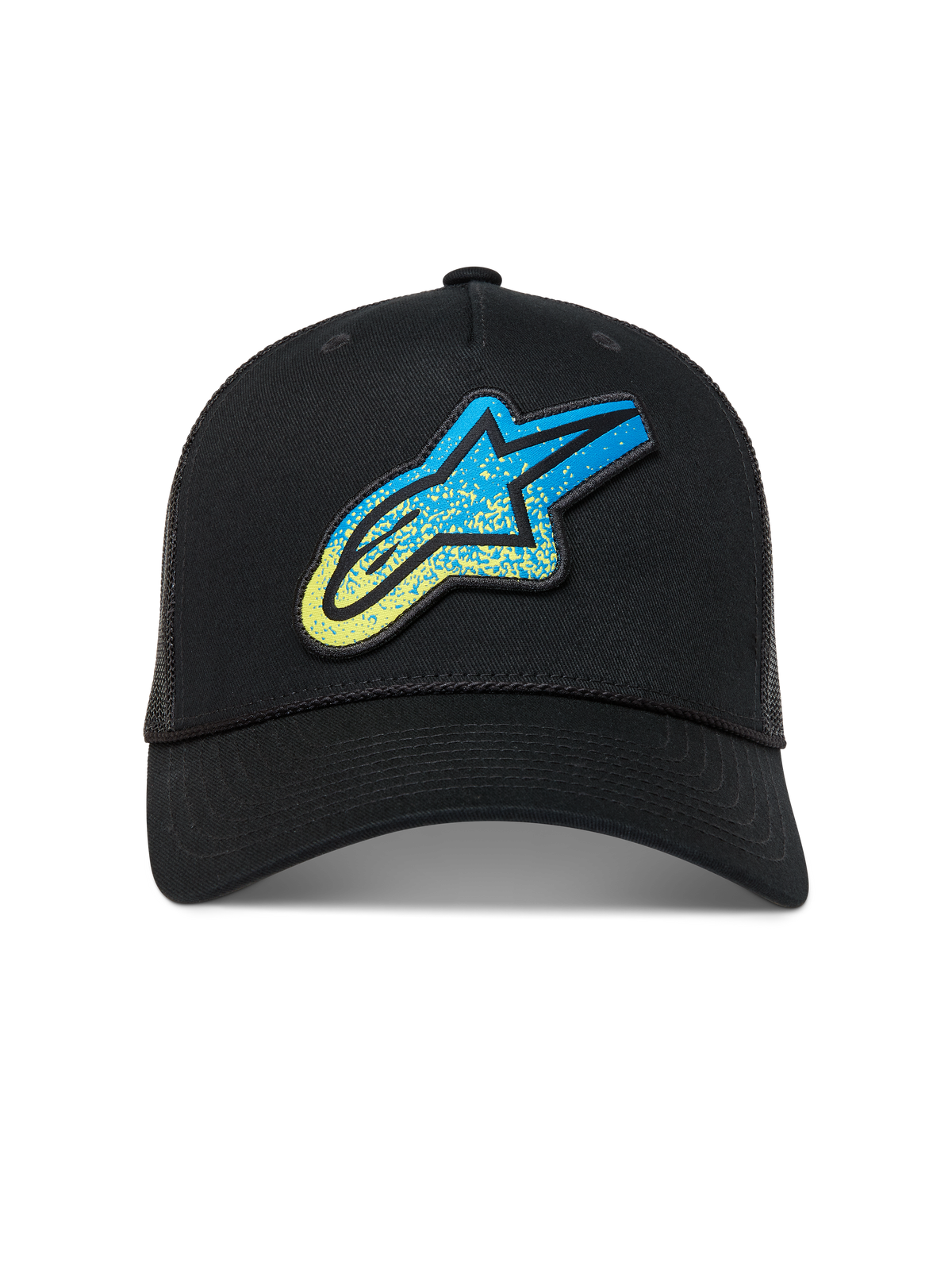 Alpinestars Meteorite Trucker, casquette trucker noire avec logo Astar bleu et jaune texture gravier, style sportswear.