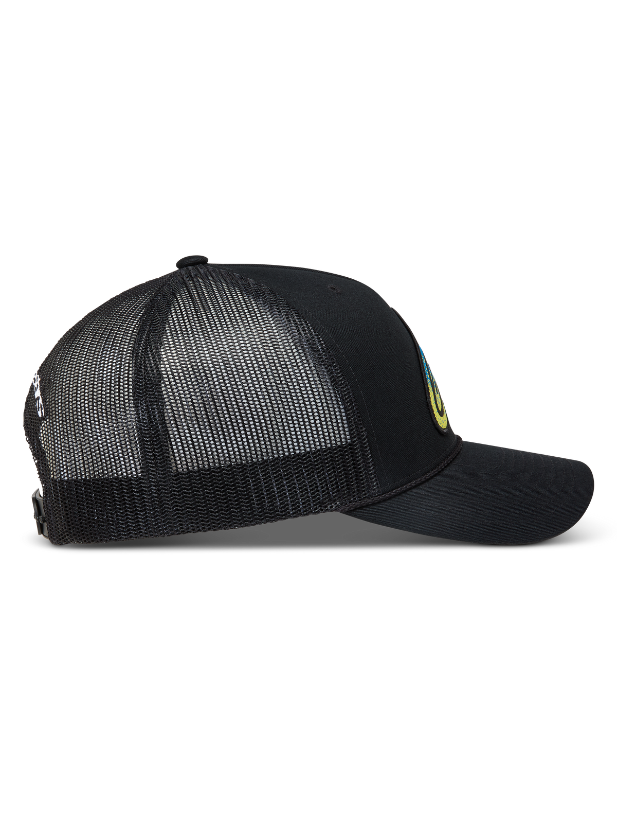 Alpinestars Meteorite Trucker, casquette trucker noire vue de profil avec arrière en maille respirante et visière incurvée