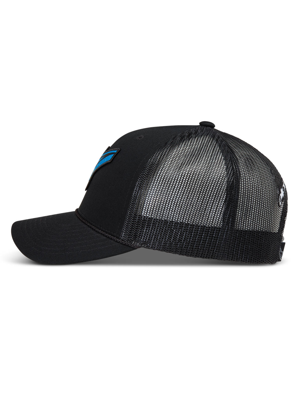 Alpinestars Meteorite Trucker, casquette trucker noire de sportswear, vue de profil avec maille respirante, visière incurvée et couronne structurée.