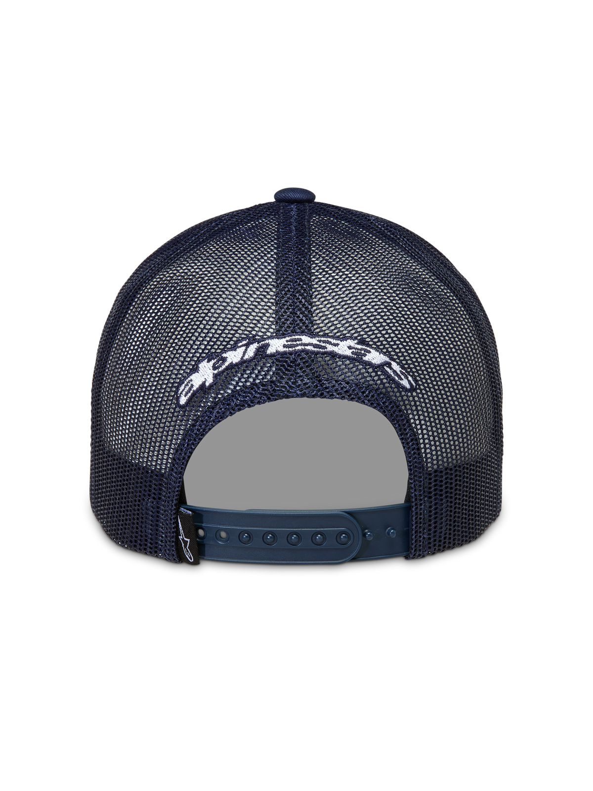 Alpinestars Meteorite Trucker, casquette trucker bleu marine et blanche, vue de dos avec arrière en maille, fermeture à pression et logo Astars brodé.