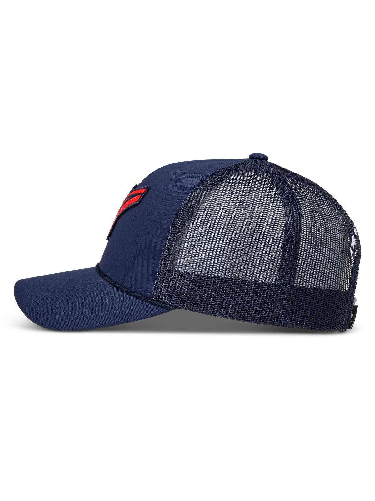 Alpinestars Meteorite Trucker, casquette de sportswear bleu marine, vue de profil avec maille à l'arrière, visière incurvée et écusson logo rouge