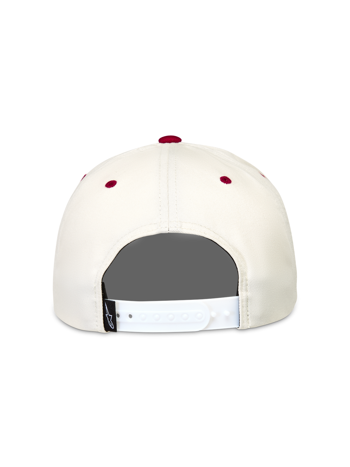 Alpinestars Stadium Snapback Casquette, casquette de sportswear blanc cassé et rouge, vue arrière montrant la fermeture réglable blanche et des œillets rouges.