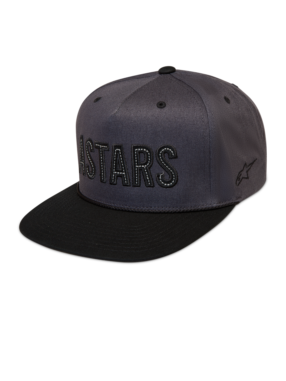 Alpinestars Stadium Snapback hoed, donkergrijze en zwarte pet met platte klep en contrasterend Astars-logo.