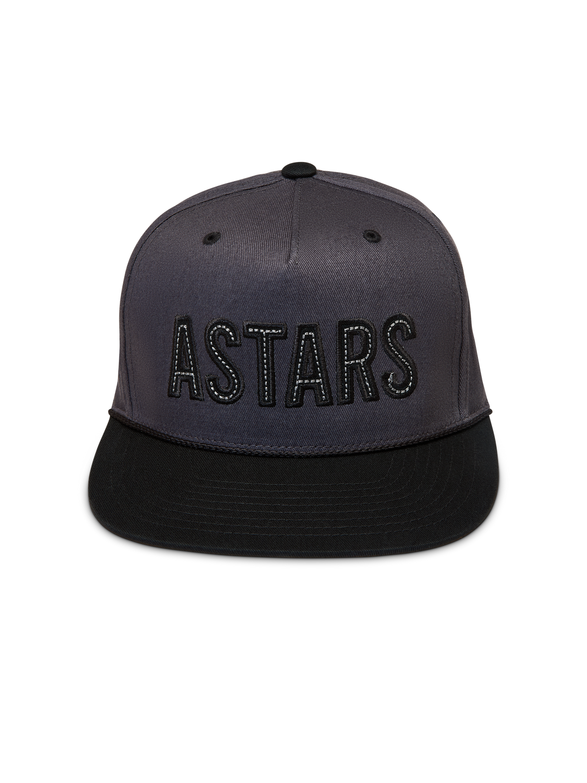 Alpinestars Stadium Snapback hoed, donkergrijze en zwarte pet met platte klep, gestructureerde kroon en ASTARS-logo.