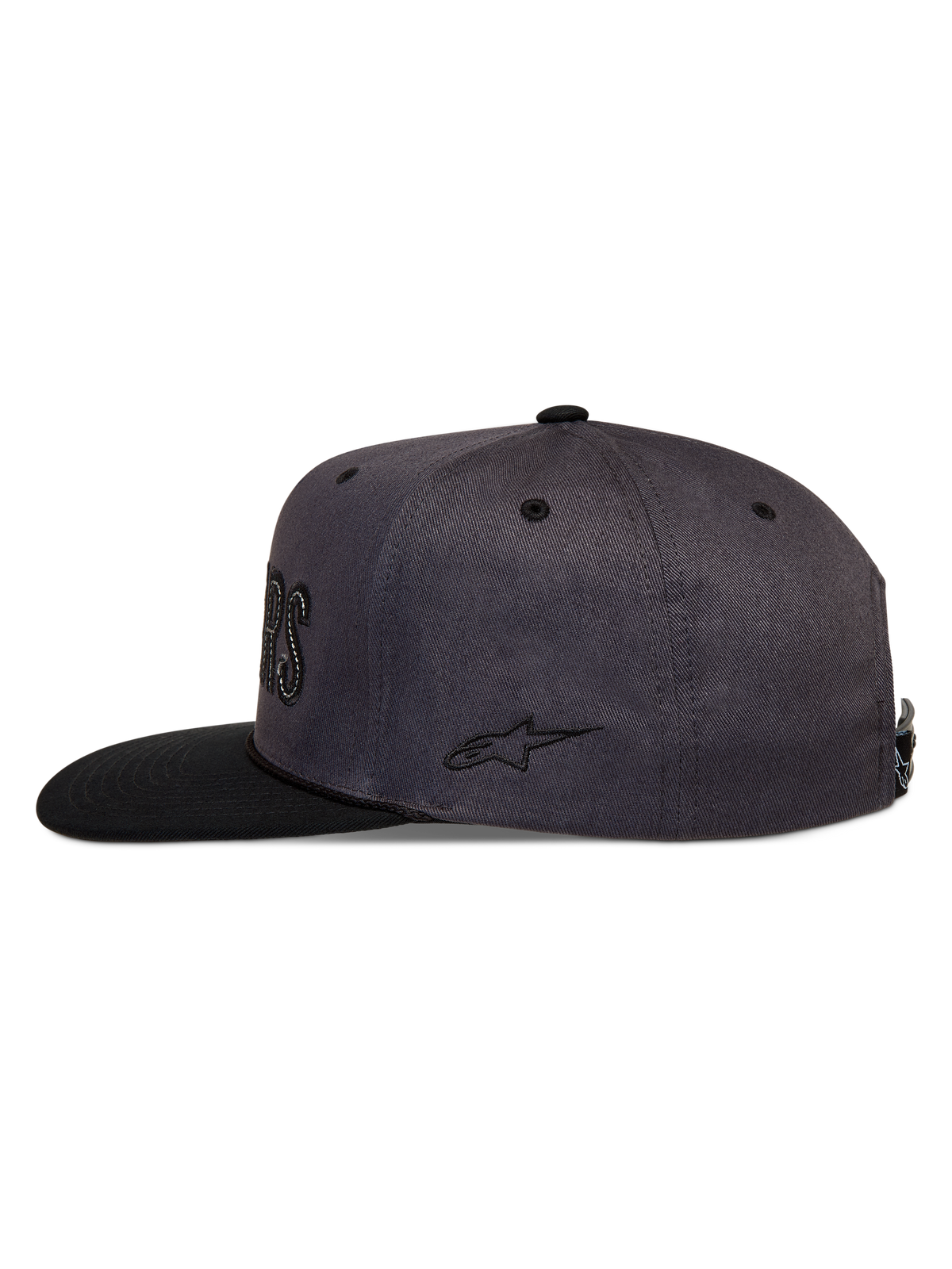 Alpinestars Stadium Snapback hoed, donkergrijze en zwarte sportswear pet met een platte klep, gestructureerde kroon en geborduurd logo op de zijkant.