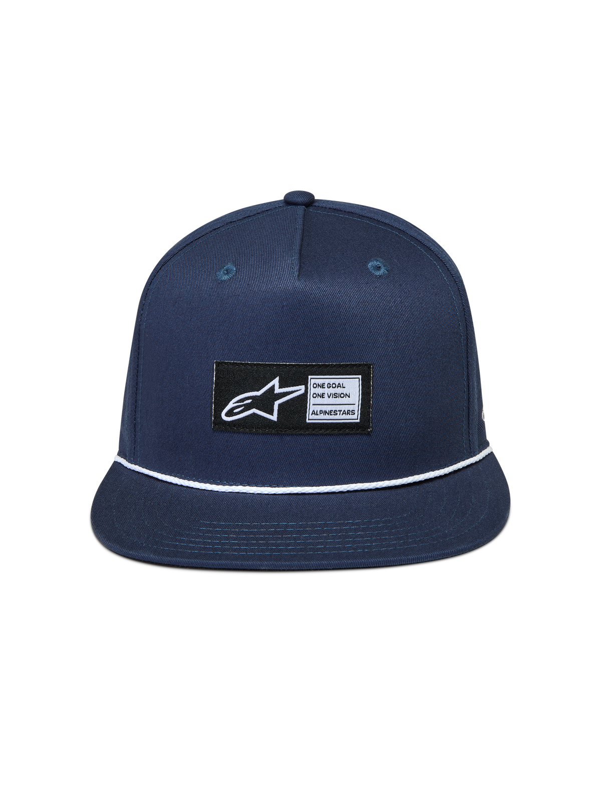 Alpinestars Label Snapback Kappe, flacher Schirm, Blau und Weiß, Twill-Gewebe mit Kordeldetail und gewebtem Logo-Aufnäher.