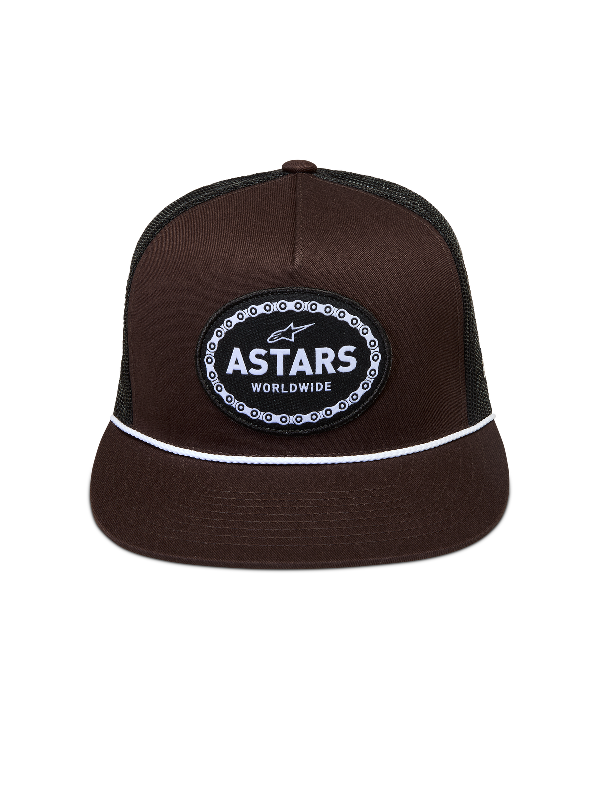 Alpinestars Hotlink Trucker, casquette trucker marron et noire à visière plate, cordon blanc et écusson logo Astars.