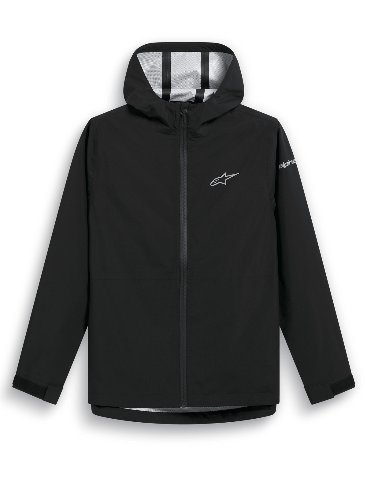 Alpinestars Kascade Regenjacke, schwarze Regenjacke, wasserabweisendes 2,5L-Gewebe mit versiegelten Nähten, feste Kapuze, beschichteter umgekehrter Spiralreißverschluss vorne, Klettverschlusslaschen an den Bündchen, weißes Alpinestars Stern-Logo auf der Brust und Branding am Ärmel, Freizeitkleidung für nasses Wetter