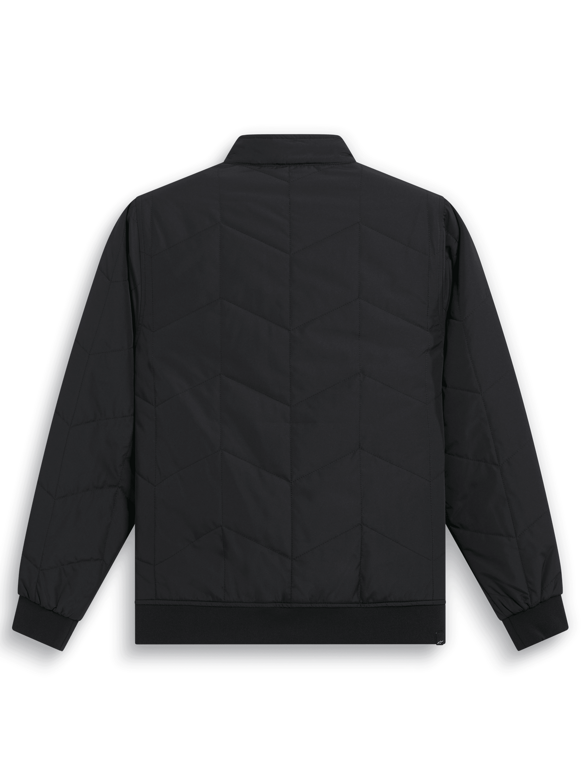 Alpinestars Precedent Jacke, gesteppte, von der F1 inspirierte Sportswear-Jacke, Schwarz, Rückansicht mit ikonischem schrägem Steppmuster, Rippbündchen und Saum, niedriger Stehkragen, lässiges vom Motorsport inspiriertes Design