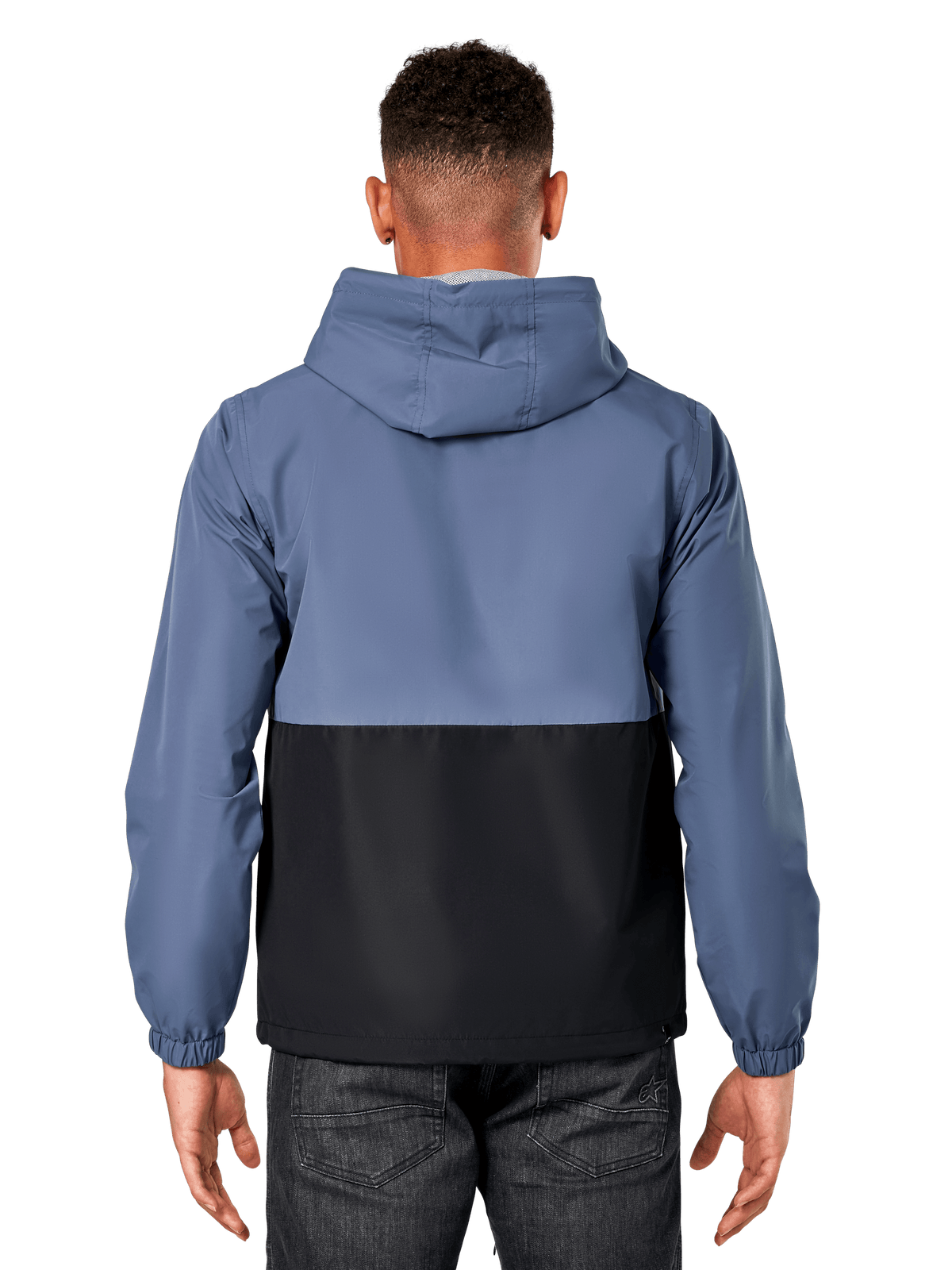 Alpinestars Speeder Windbreaker Jacke, Rückansicht eines Mannes in einer zweifarbigen schieferblauen und schwarzen Jacke, Color-Block-Design, mit Kapuze, leichte legere Sportbekleidung mit elastischen Bündchen