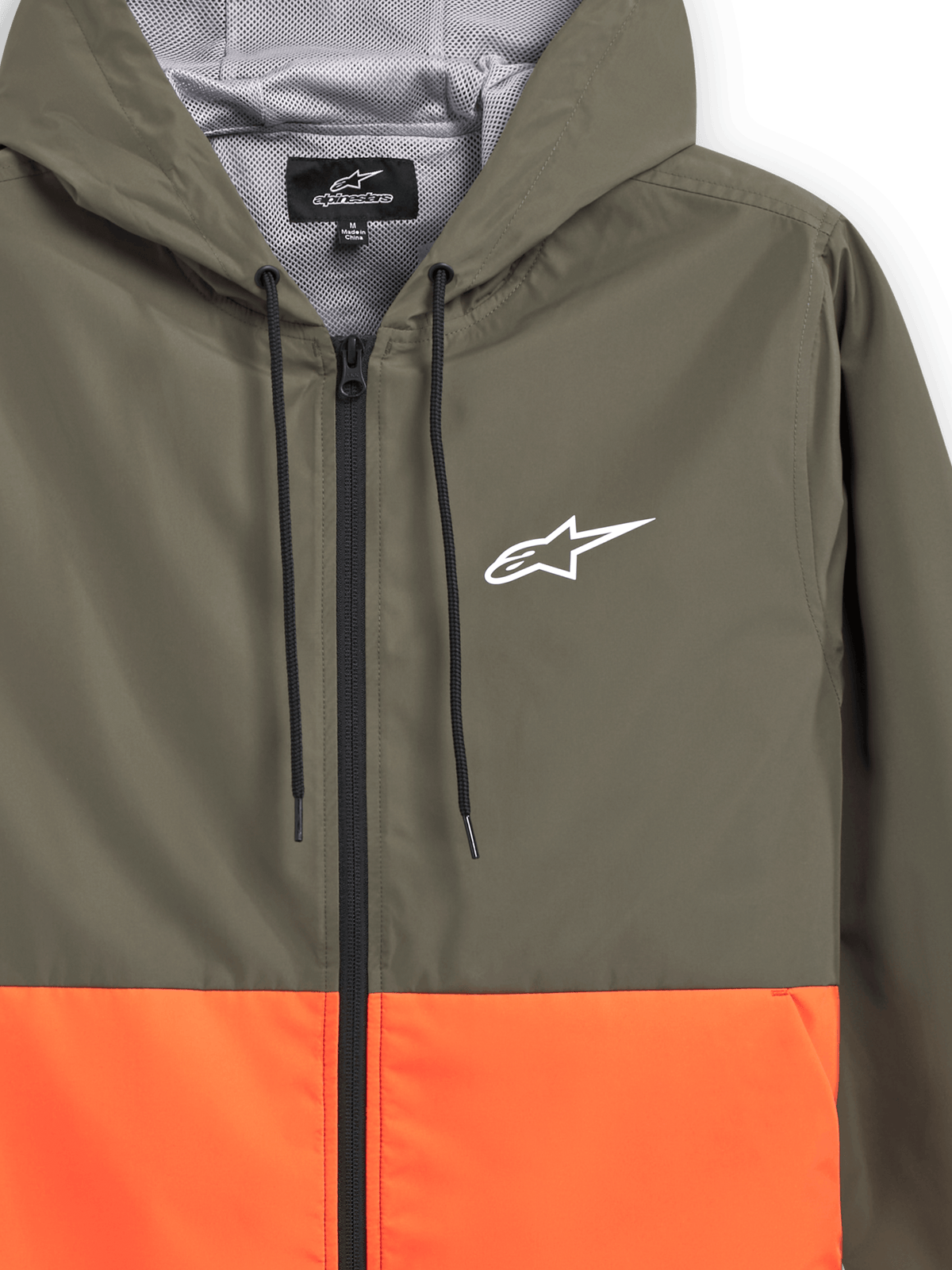 Veste coupe-vent Alpinestars Speeder, coupe-vent léger à capuche, design color-block orange militaire et vert, logo Alpinestars blanc sur la poitrine, capuche doublée en mesh avec cordons de serrage noirs, sportswear décontracté