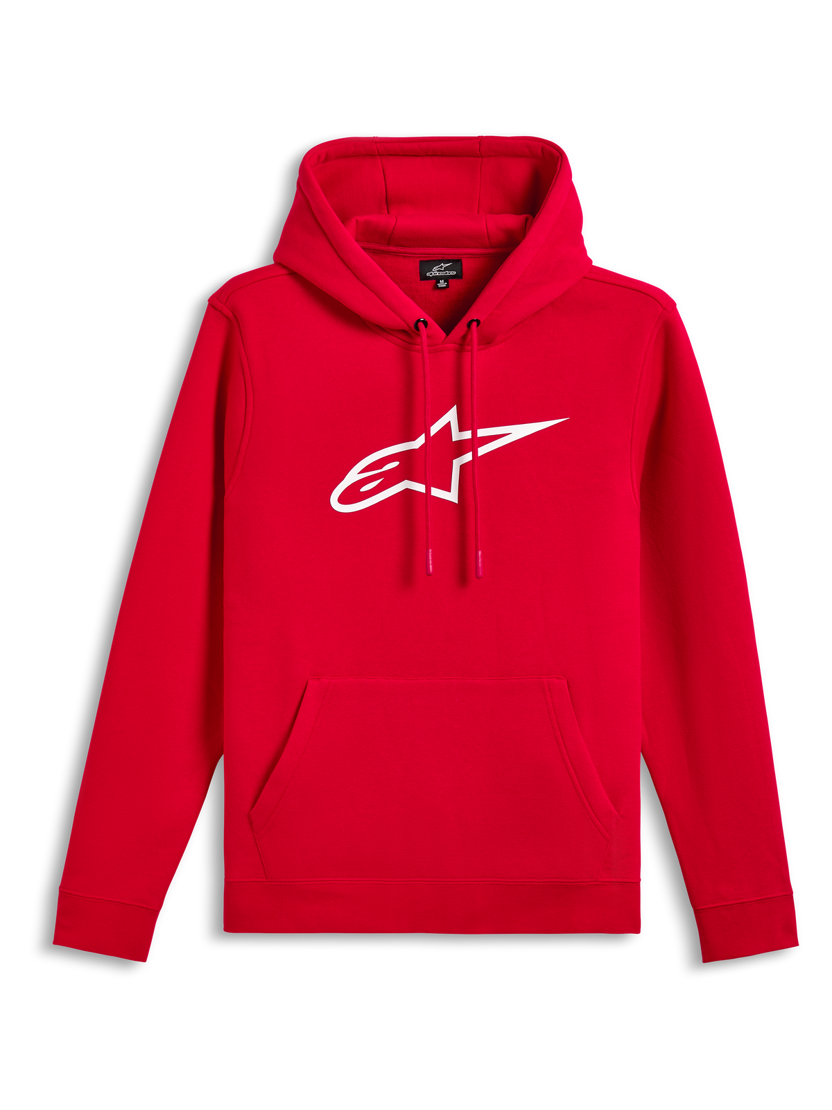 Alpinestars Ageless V3 Hoodie, rood met wit geborduurd logo, fleece pullover met capuchon, capuchon met trekkoord, kangoeroezak, casual streetwear geïnspireerd op de motorsport