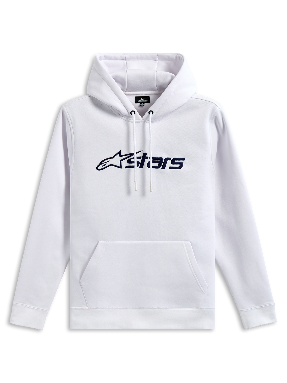 Alpinestars Blaze V3 Hoodie, sweat à capuche en polaire, blanc avec logo imprimé bleu marine à l'avant, capuche à cordon doublée en jersey et poche kangourou, streetwear décontracté inspiré du sport automobile