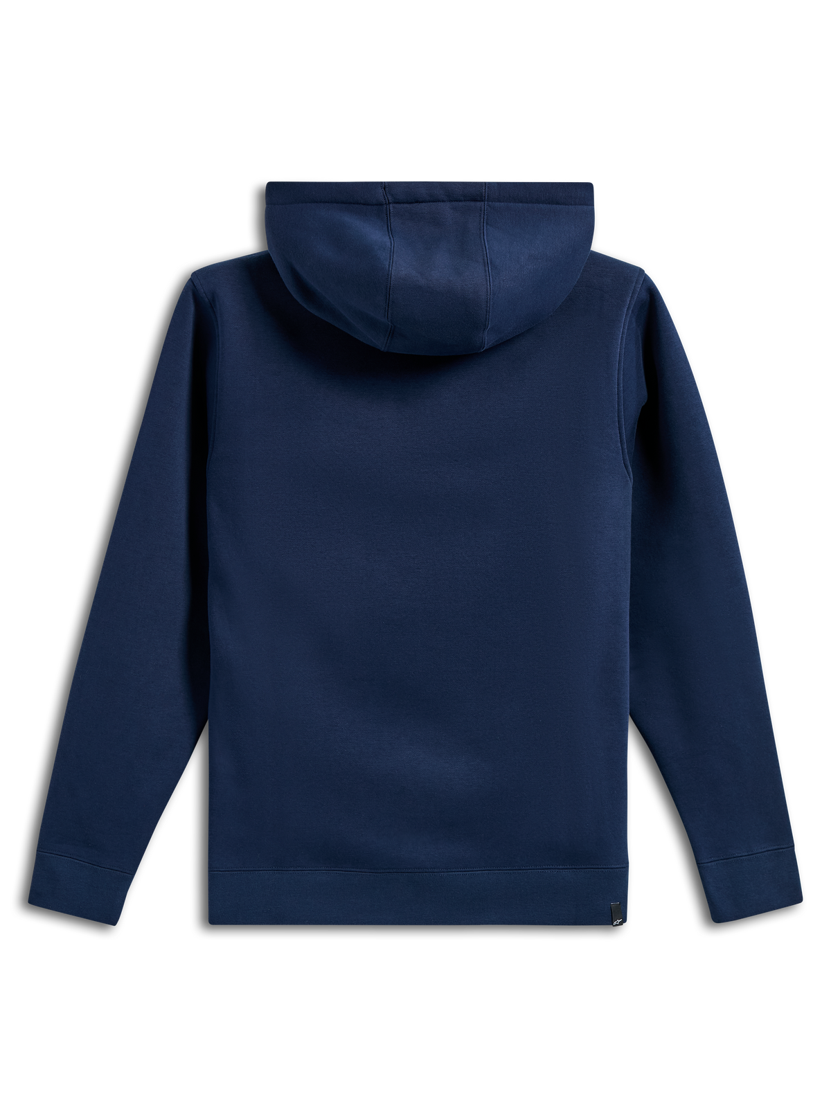 Alpinestars Ride V3 Hoodie, achteraanzicht van een marineblauwe fleece pullover met capuchon, effen ontwerp met geribbelde manchetten en zoom, jerseygevoerde capuchon, casual motorsport-geïnspireerde sportkleding