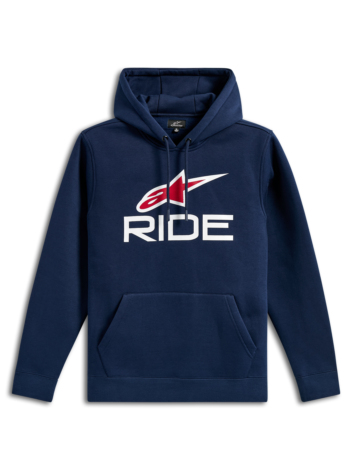 Alpinestars Ride V3 Hoodie, casual marineblauwe pullover fleece, met een wit RIDE-logo en rood Alpinestars-sterlogo op de borst, capuchon met trekkoord, kangoeroezak aan de voorzijde, lange mouwen en geribbelde manchetten.