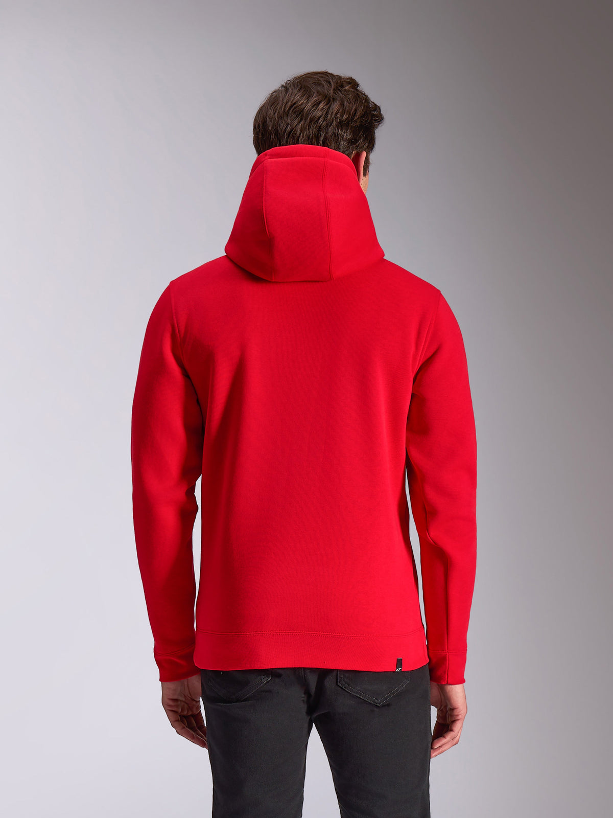 Alpinestars Ride V3 Hoodie, casual motorsport streetwear, red pullover hoodie, back view, solid red color, ribbed cuffs and hem, jersey-lined hood