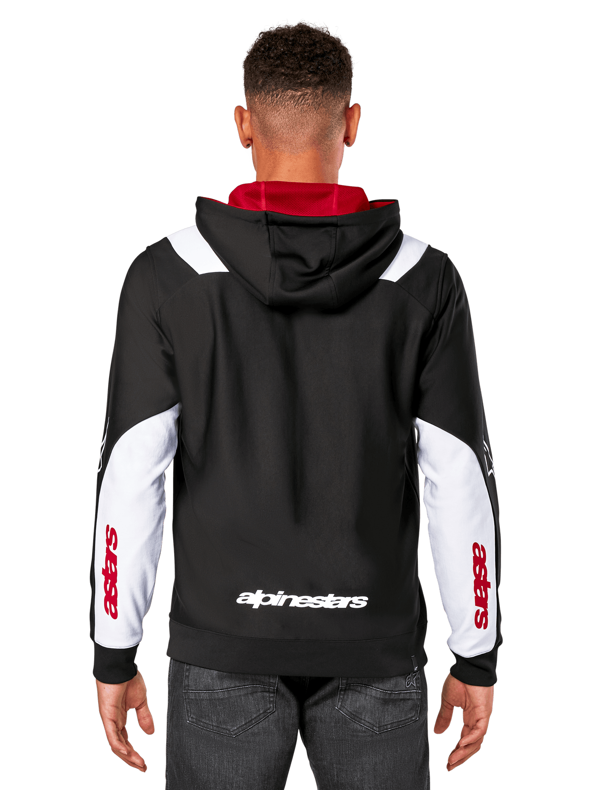 Alpinestars Sessions V3 Hoodie, back view, black with white sleeve panels and red hood lining, featuring white back wordmark and red sleeve branding, casual motorsport-inspired streetwear