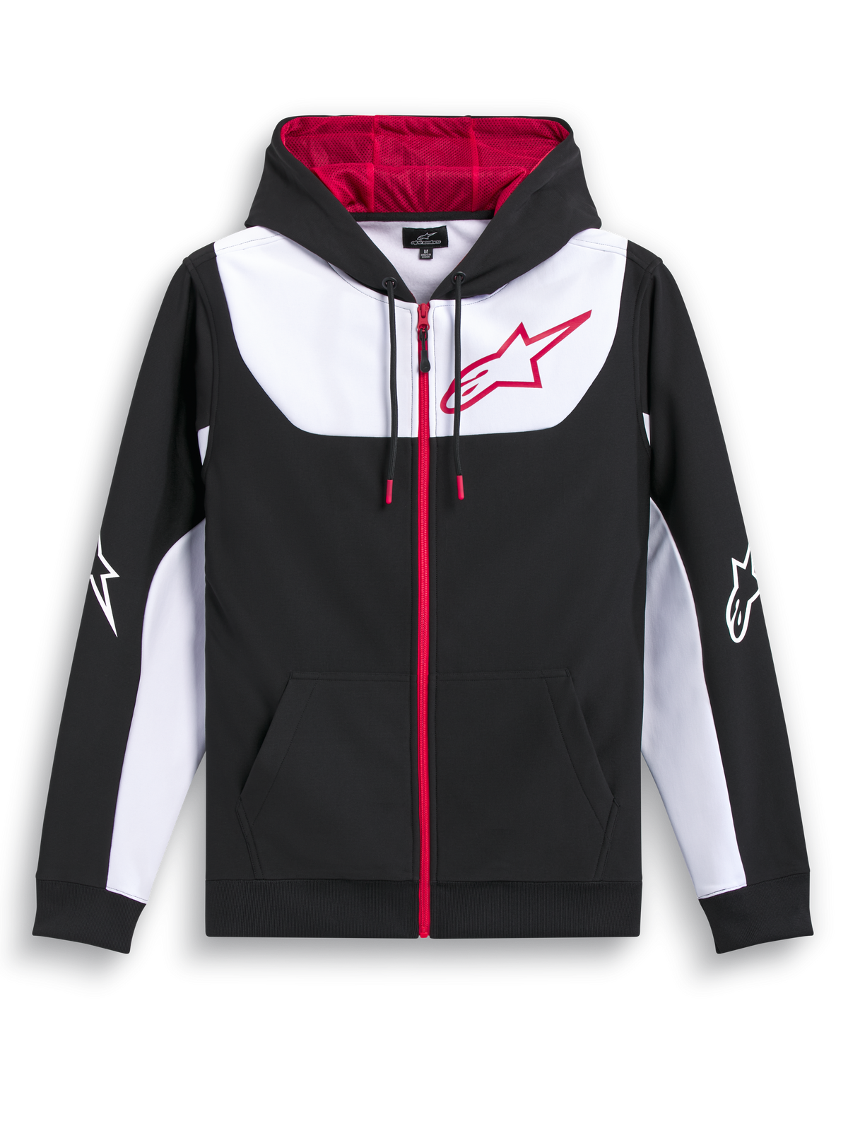 Alpinestars Sessions V3 Hoodie, zip-front sportswear sweatshirt in black, white, and red, featuring a mesh-lined hood and large chest logo