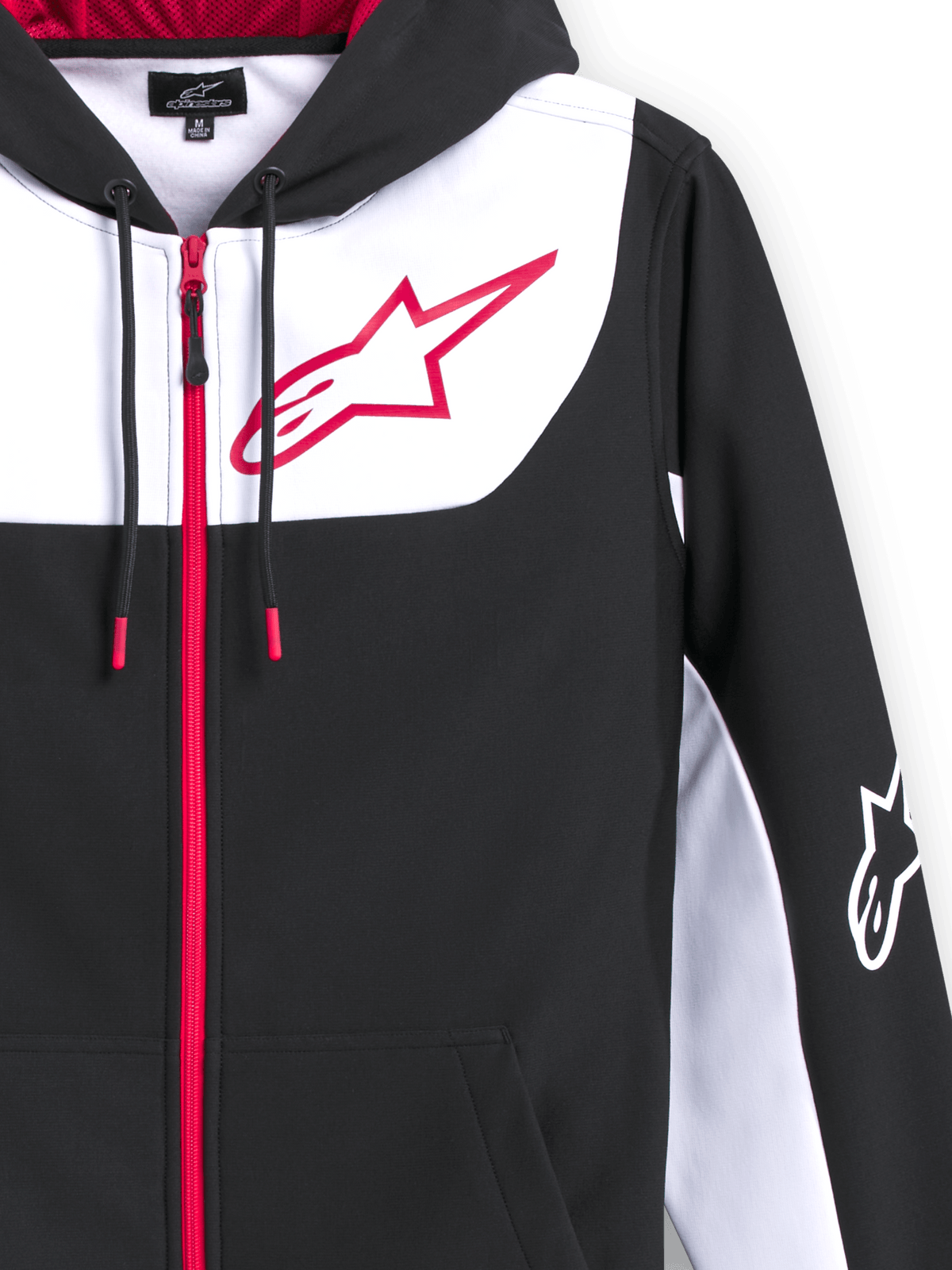 Alpinestars Sessions V3 Hoodie, Zip Front Poly Fleece Hoodie, Black with White and Red accents, featuring a large red Alpinestars star logo on the chest, red front zipper, drawcords with red tips, and white logo on the sleeve, casual motorsport-inspired design