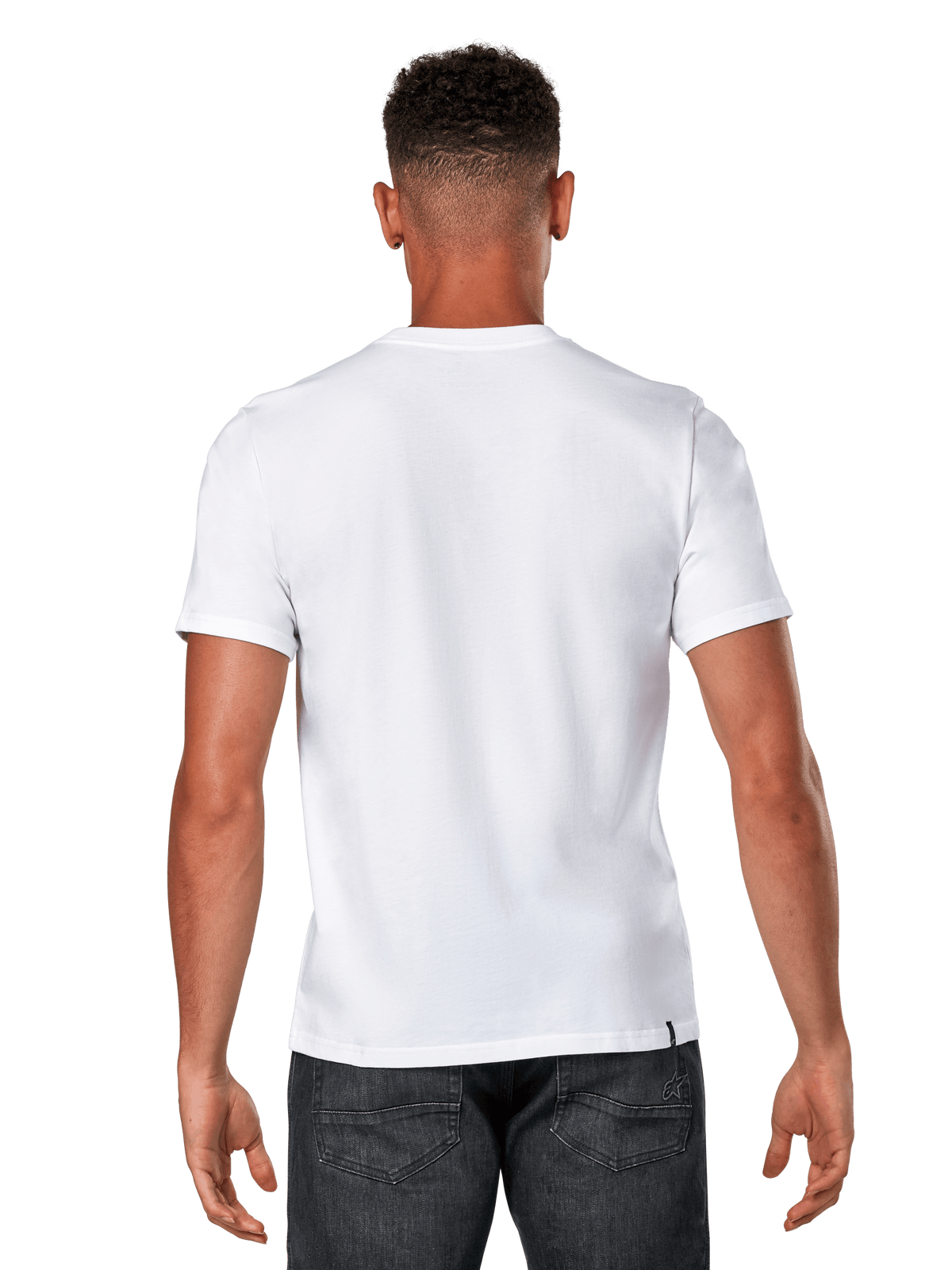 Alpinestars Glyfs CSF Tee, kurzärmeliges T-Shirt, Weiß, Rückansicht eines männlichen Models in schlichtem weißem T-Shirt und dunklem Denim, lässige Motorsport-Streetwear