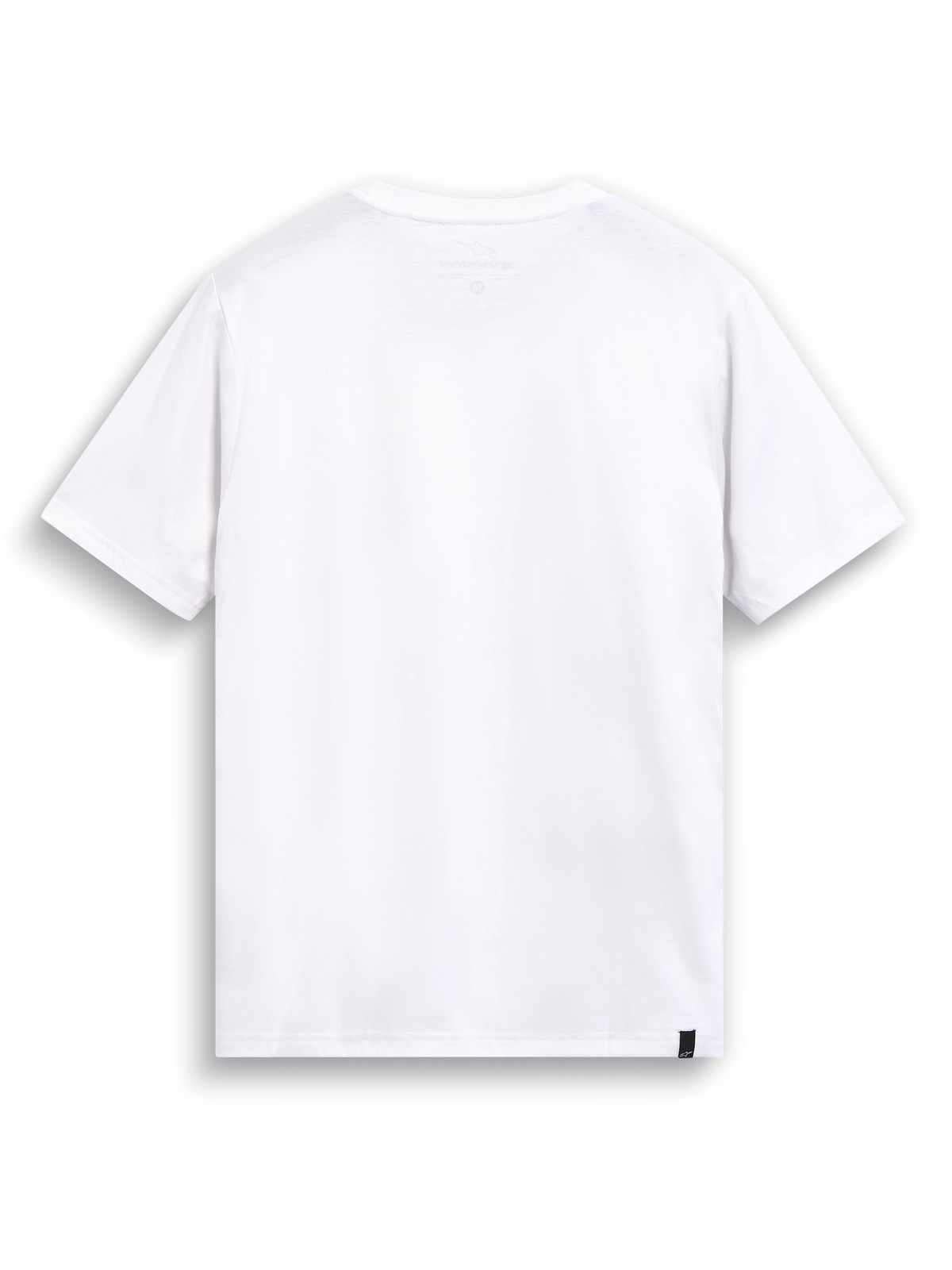 Alpinestars T-Shirt Elliptic CSF, t-shirt de sportswear à manches courtes blanc, vue de dos montrant l'imprimé interne au niveau du cou et l'étiquette externe sur l'ourlet