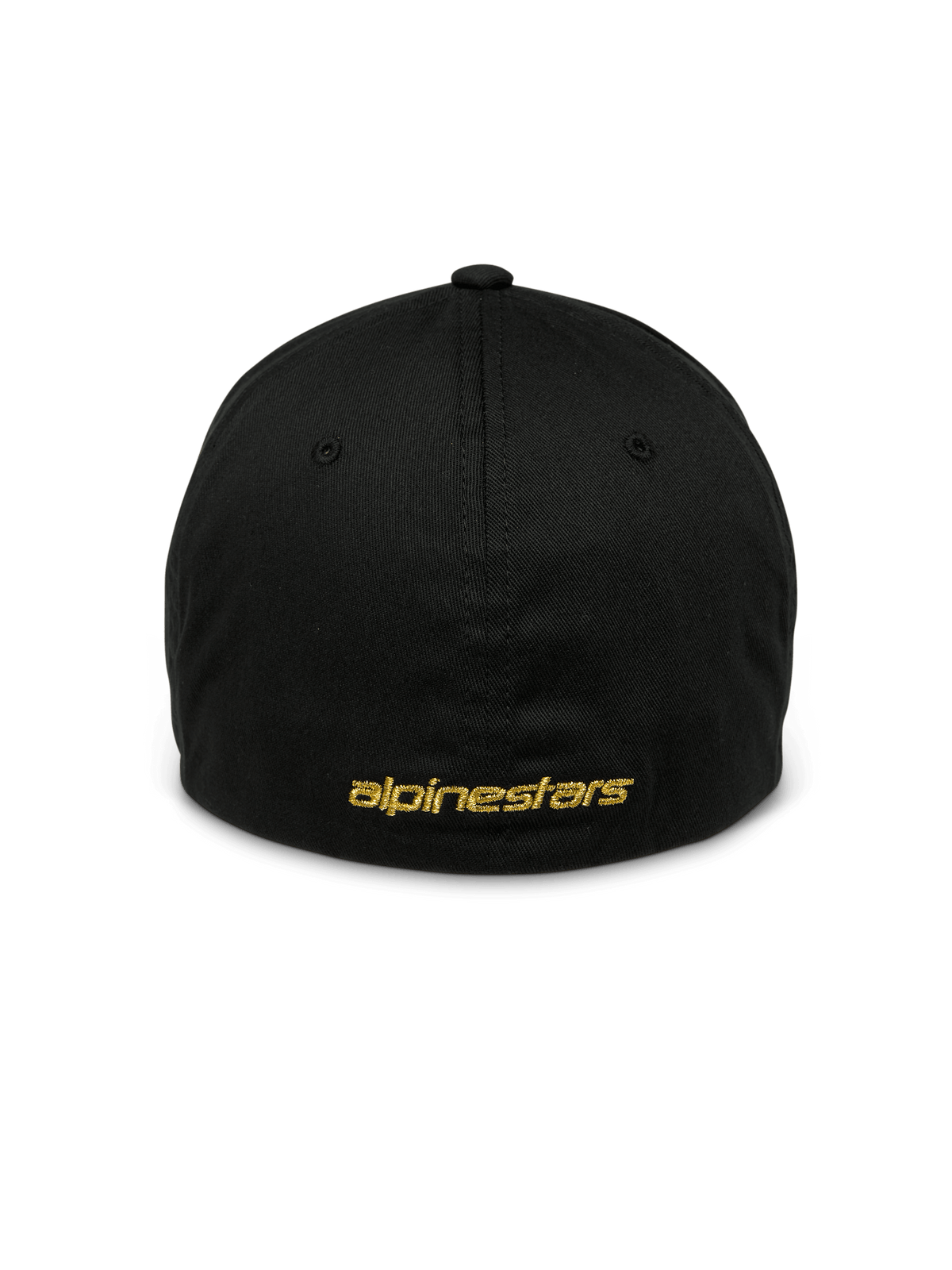 Alpinestars Gild pet, zwarte sportpet, achteraanzicht met goudkleurig metallic plat Alpinestars-borduurwerk, gesloten flexibele achterkant, gestructureerde kroon, casual motorsport-geïnspireerde hoofdbedekking