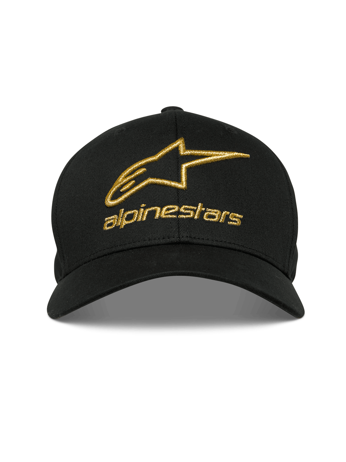 Alpinestars Gild Pet, zwarte pet met gouden metallic 3D-geborduurd Alpinestars-logo, gebogen klep met gestructureerde kroon, casual motorsport sportswear