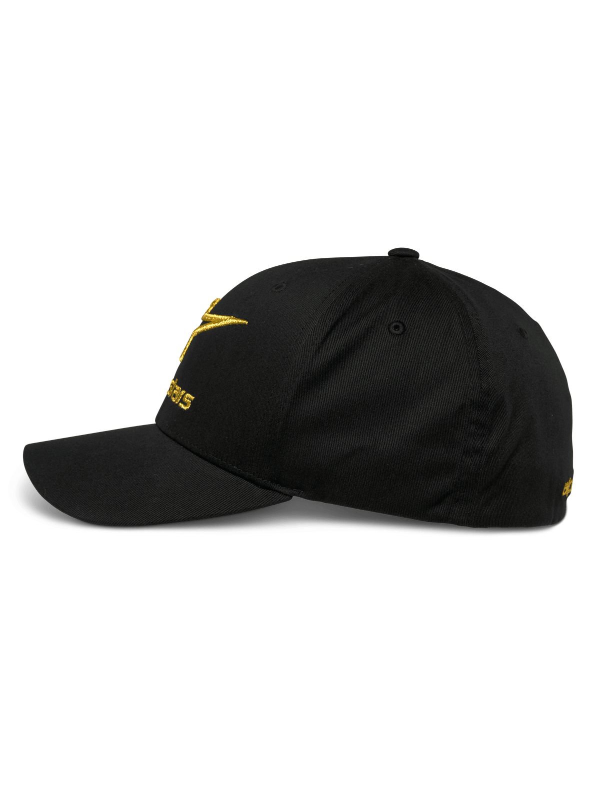 Alpinestars Gild pet, zijaanzicht van een zwarte baseballcap met gebogen klep, gouden metallic 3D-geborduurd logo op de voorkant en zijkant, gestructureerde kroon en stretch keperstof, casual motorsport sportswear