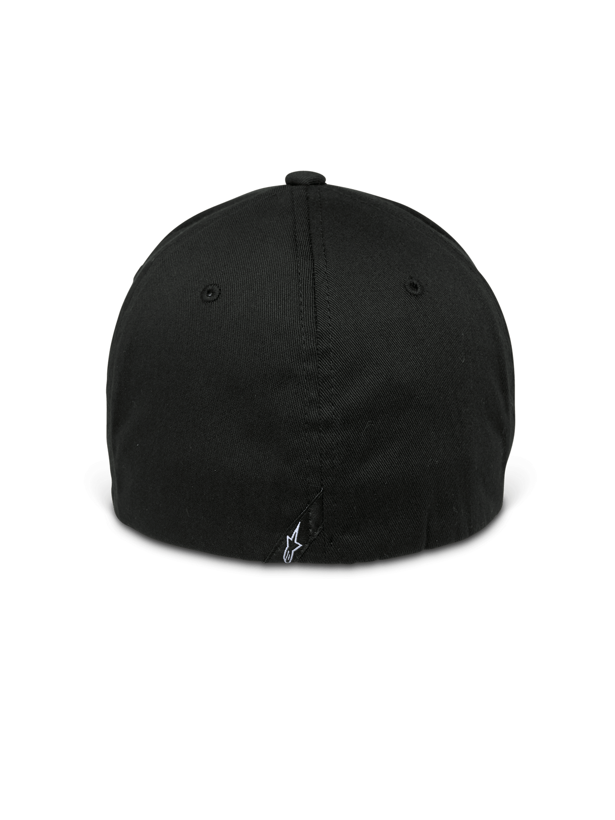 Alpinestars Arcstars pet, zwart, achteraanzicht van een flex-back baseballcap, voorzien van een klein wit Astars-logo op een label achterop, gestructureerde kroon met ton-sur-ton oogjes, casual motorsport-geïnspireerde pet