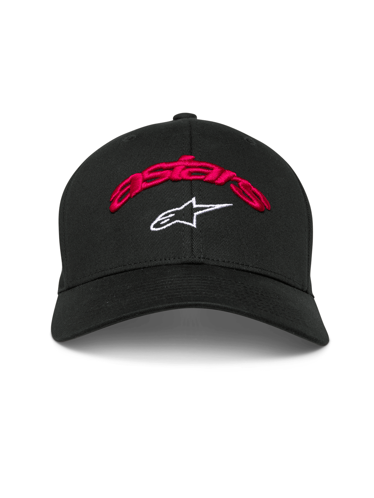Alpinestars Arcstars pet, zwarte baseballcap, rood 3D-geborduurd astars-logo en wit sterlogo, gebogen klep, gestructureerde kroon, casual motorsport hoofdbedekking