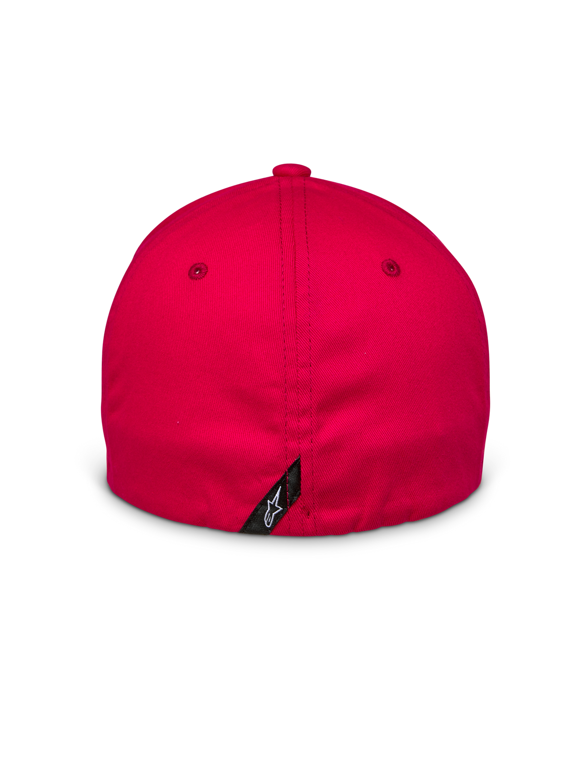 Alpinestars Arcstars pet, rood, achteraanzicht met flex-back sluiting, klein zwart label met wit Astars-logo op de middennaad, gestructureerde stretch twill-stof, casual motorsport pet