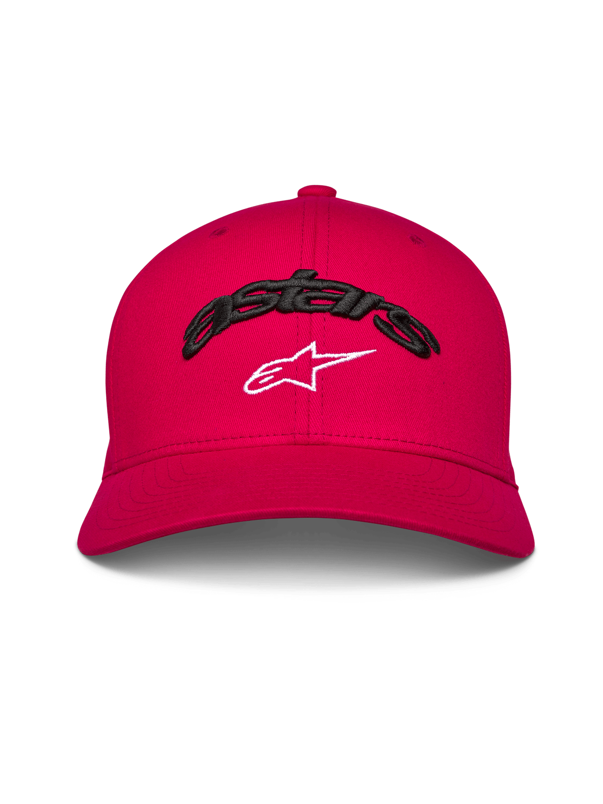 Alpinestars Arcstars pet, rode baseballcap met gebogen klep, zwart 3D geborduurd Astars-tekst met wit sterlogo, gestructureerde kroon, casual motorsport-geïnspireerde hoofdbedekking