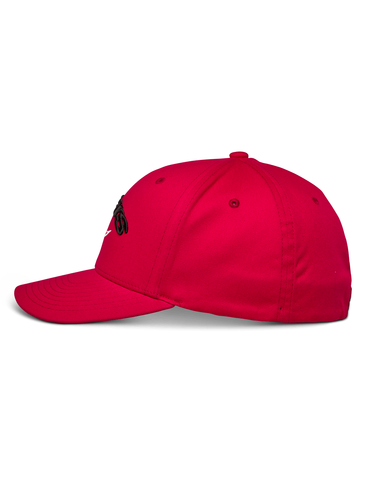 Alpinestars Arcstars pet, rode baseballcap, zijaanzicht, gestructureerde kroon met gebogen klep, zwart 3D Astars borduurwerk, casual motorsport sportkleding