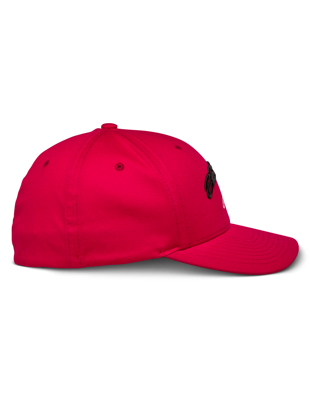 Alpinestars Arcstars pet, rood, zijaanzicht, gestructureerde baseballcap met gebogen klep, stretch twill materiaal, zwart 3D-borduurwerk, casual sportkleding