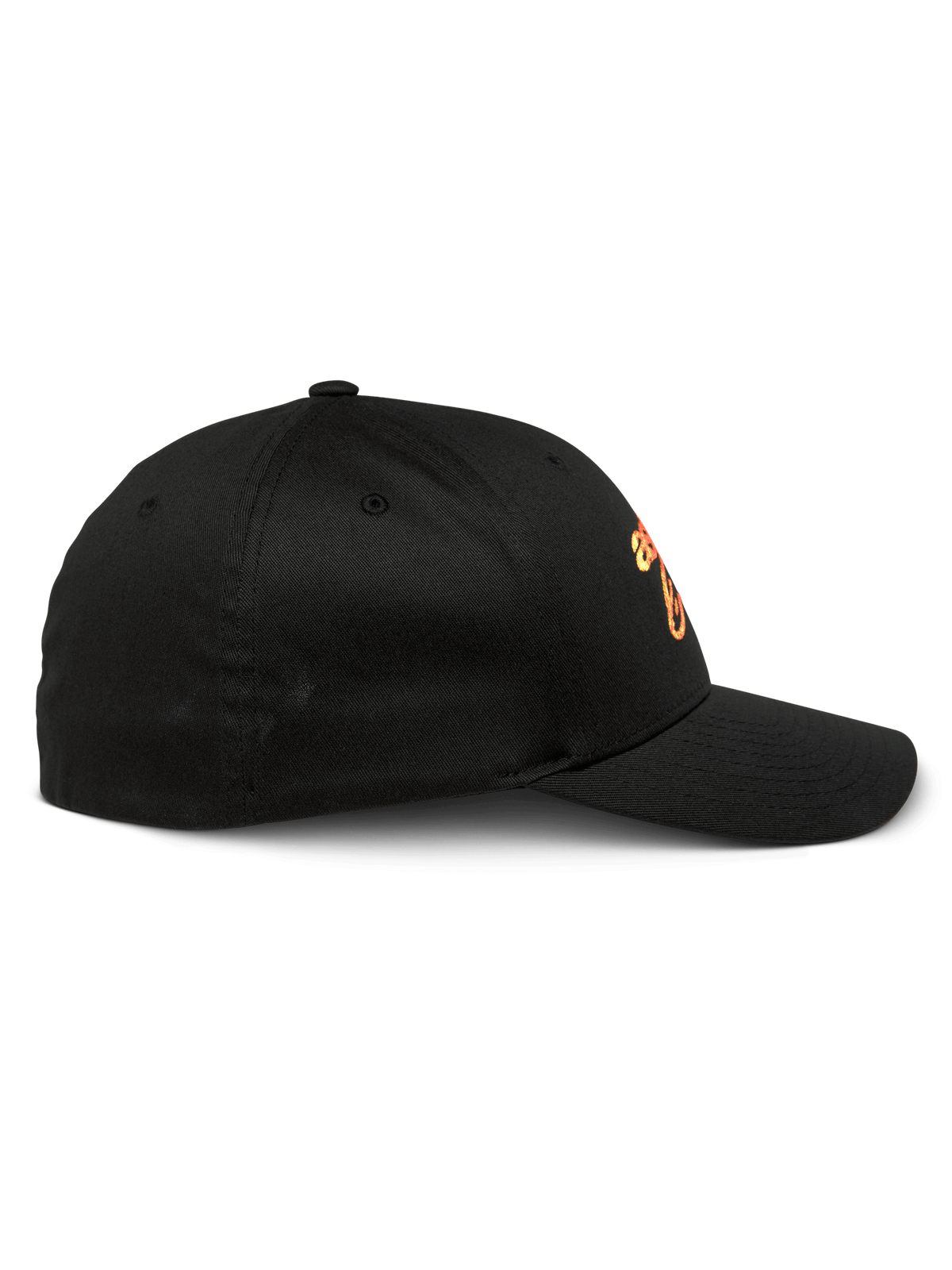 Alpinestars Setting pet, zwarte baseballcap, zijprofiel met gebogen klep en gestructureerde kroon, voorzien van oranje gradatie geborduurd logo, casual sportkleding