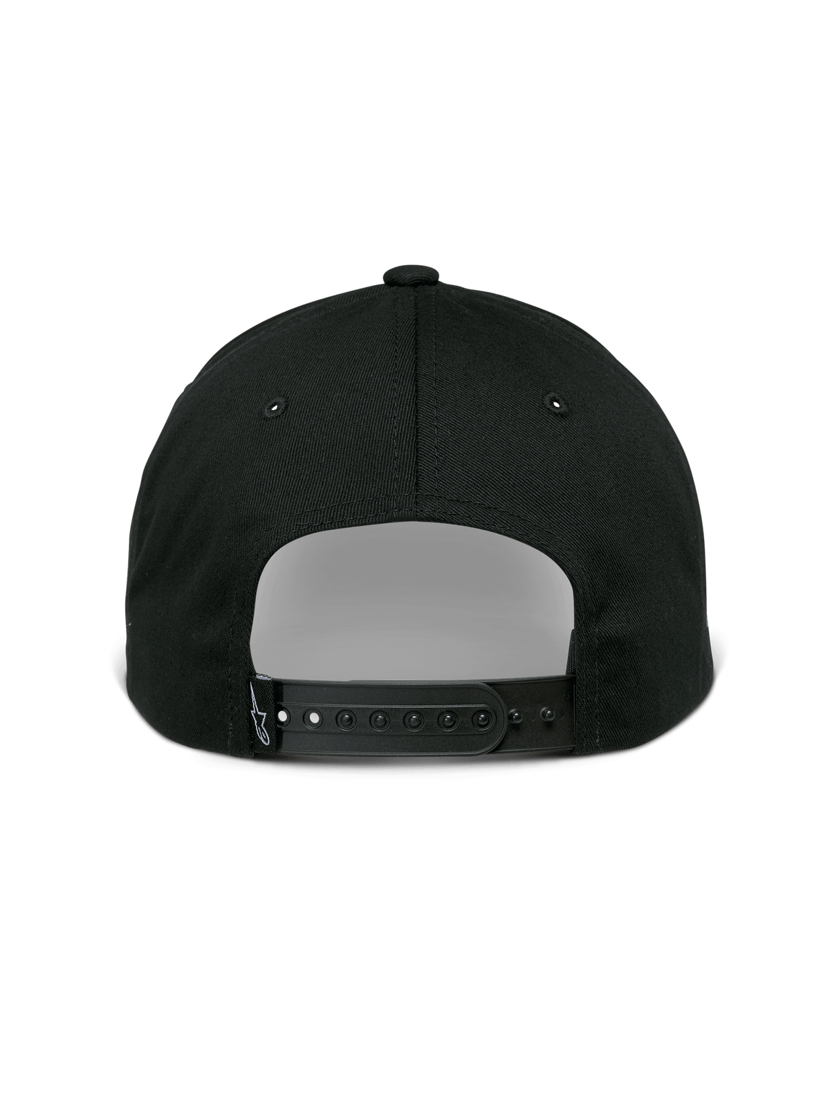Alpinestars Sessionized Kappe, Snapback-Cap, Schwarz, Rückansicht mit verstellbarem Druckknopfverschluss und kleinem Logo-Etikett, Baumwolltwill, lässige vom Motorsport inspirierte Kopfbedeckung